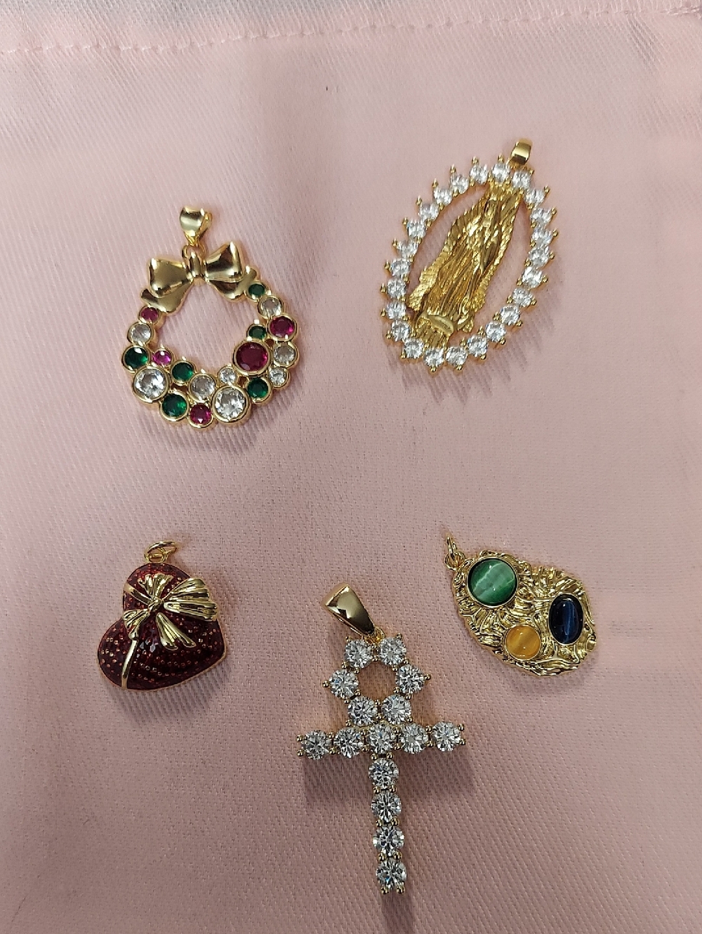 Gold-Tone Multi Gemstone Religious and Decorative Pendant Set - Gold Plated 5pcs